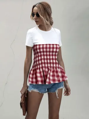 Summer Plaid Round Neck Peplum Shirt