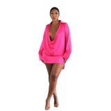 Sexy Deep-V Pink Long Sleeve Shirt Dress