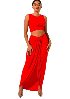 Summer Solid Color Sleeveless Crop Top and Wrap Skirt