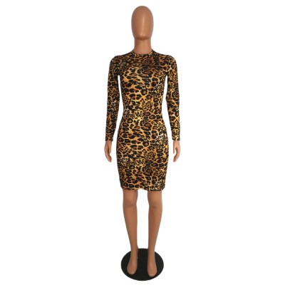 Sexy Leopard Midi Dress with Full Sleeves