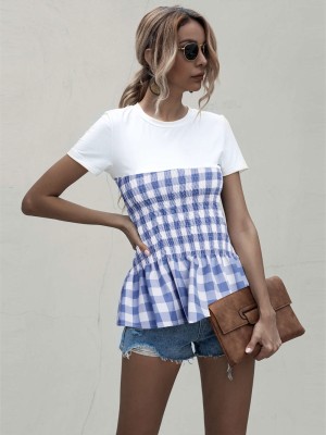 Summer Plaid Round Neck Peplum Shirt