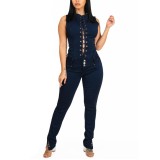 Summer Blue Lace Up Denim Jumpsuit