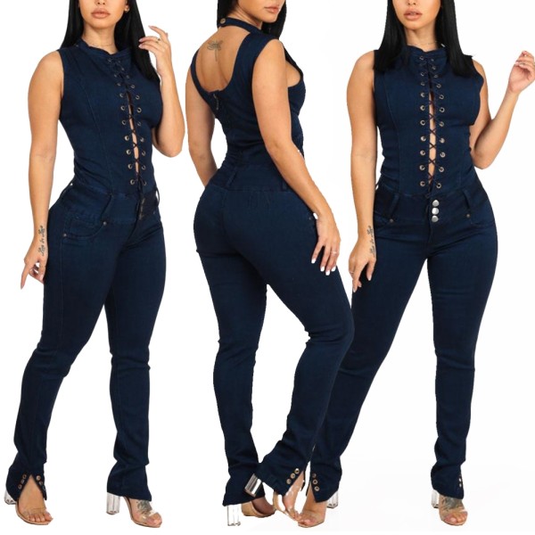 Summer Blue Lace Up Denim Jumpsuit