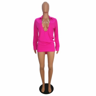 Sexy Deep-V Pink Long Sleeve Shirt Dress