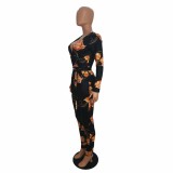 Sexy V-Neck Floral Black Bodycon Jumpsuit with Sleeves