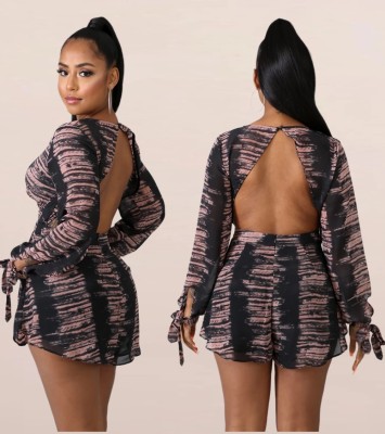 Sexy Cut Out Back Print Long Sleeve Rompers