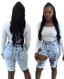 Stylish Washing Out Ripped Blue Denim Short