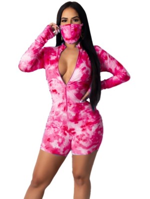 Sexy Tie Dye Long Sleeve Zipper Rompers with Face Cover