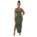 Casual Green Long Tank Dress with Cover Shirt