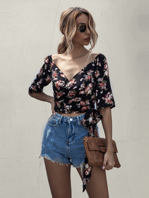 Summer Floral Wrapped Crop Top