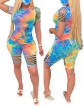 Summer Sexy Tie Dye Two Piece Ripped Short Set