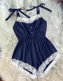 Sexy Lace Trims Straps Satin Rompers Pajama