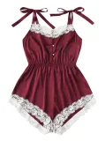 Sexy Lace Trims Straps Satin Rompers Pajama