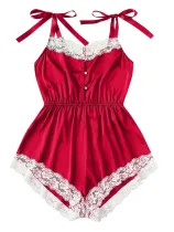 Sexy Lace Trims Straps Satin Rompers Pajama