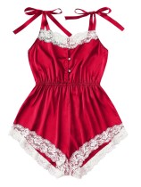 Sexy Lace Trims Straps Satin Rompers Pajama