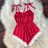 Sexy Lace Trims Straps Satin Rompers Pajama