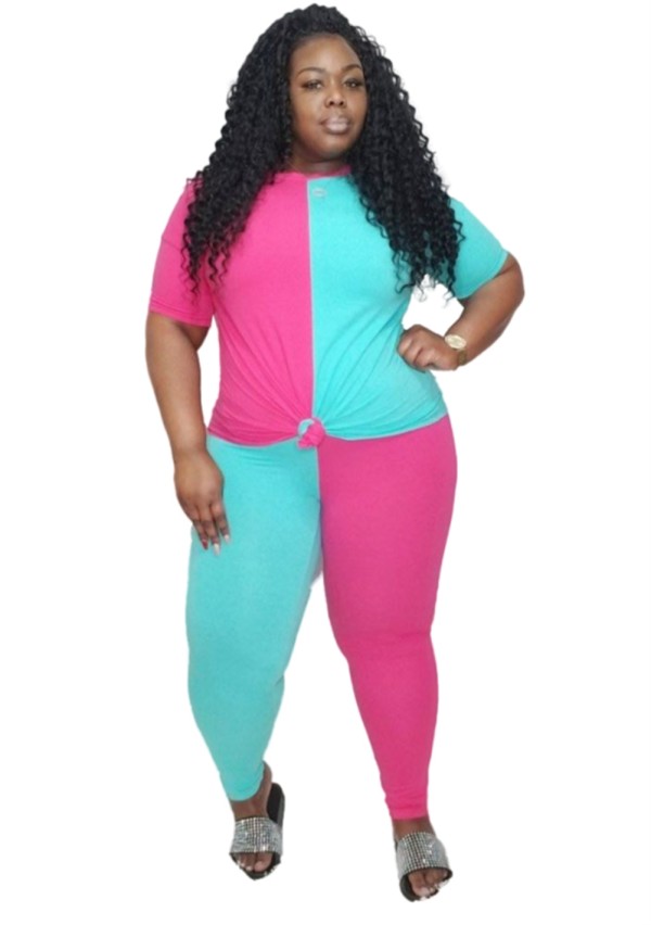 Plus Size Summer Contrast Two Piece Pants Set