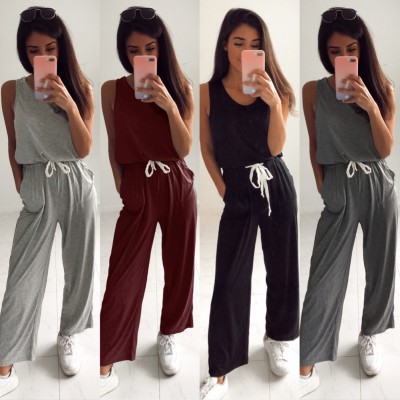 Summer Sleeveless Drawstrings Pajama Jumpsuit