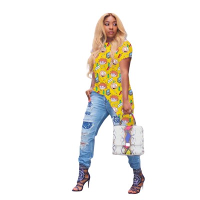 Summer Cartoon Print Wrapped Shirt Dress