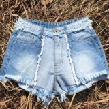 Summer Contrast Plush Trims Denim Shorts