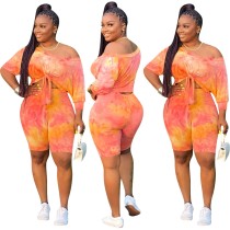 Plus Size Tie Dye Two Piece Knot Shirt and Short Set