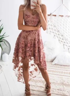 Elegant Flower High Low Straps Party Dress
