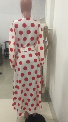 Polka Long Sleeve Wrapped Long Dress