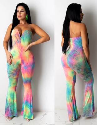 Sexy Tie Dye Strapless Flare Jumpsuit