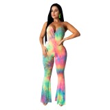 Sexy Tie Dye Strapless Flare Jumpsuit
