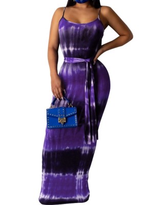 Tie Dye Strap Long Dress with Belt