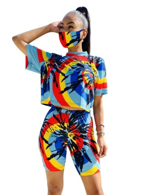 Summer Casual Colorful Two Piece Biker Shorts Set with Face Cover