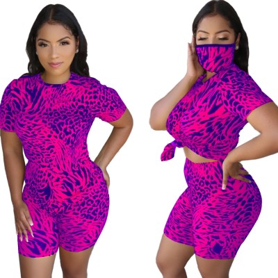 Summer Casual Print Two Piece Biker Shorts Set with Face Cover