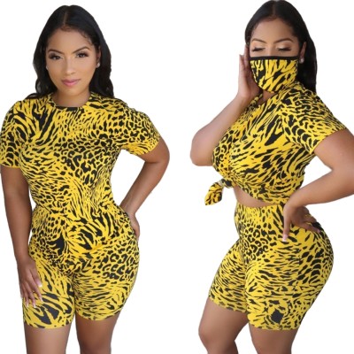Summer Casual Print Two Piece Biker Shorts Set with Face Cover