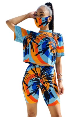 Summer Casual Colorful Two Piece Biker Shorts Set with Face Cover