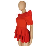 Formal Red Peplum Top with Pop Sleeves