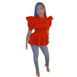 Formal Red Peplum Top with Pop Sleeves