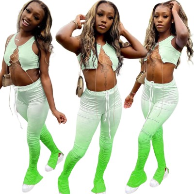 Sexy Lace Up Chains Crop Top and Stacked Legging Set