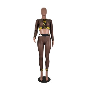 Black Mesh Sexy Transparent Two Piece Bodycon Pants Set