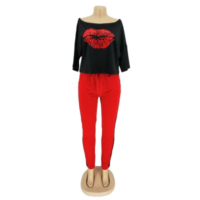Casual Lips Print Two Piece Pants Set