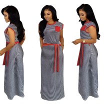 Casual Sleeveless Striped O-Neck Long Dress with Belt