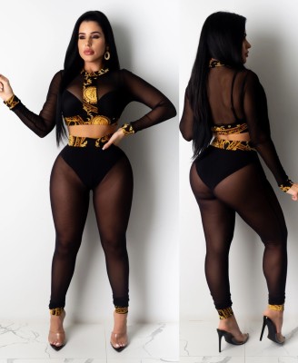 Black Mesh Sexy Transparent Two Piece Bodycon Pants Set