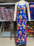 Floral Blue Sexy Strap Long Party Dress