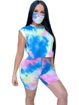 Summer Tie Dye Two Piece Shorts Set with Face Cover