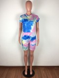 Summer Tie Dye Two Piece Shorts Set with Face Cover