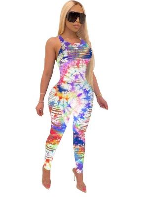 Sexy Tie Dye Ripped Sleeveless Bodycon Jumpsuit