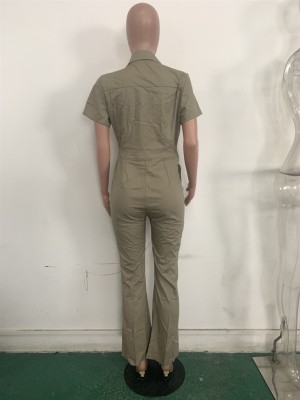 Summer Khaki Casual Button Up Collar Jumpsuit