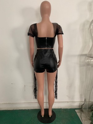 Sexy Black Leather Two Piece Tassels Short Set