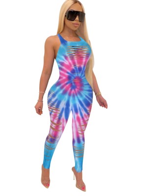 Sexy Tie Dye Ripped Sleeveless Bodycon Jumpsuit