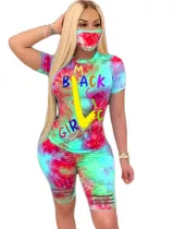 Summer Tie Dye Two Piece Ripped Shorts Set with Face Cover