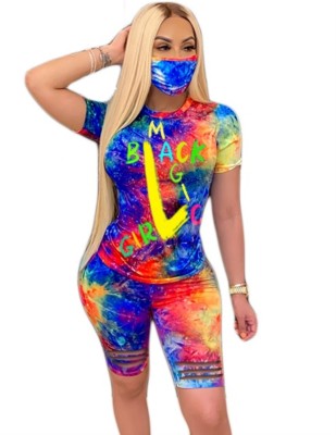 Summer Tie Dye Two Piece Ripped Shorts Set with Face Cover
